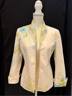 Austin Reed White Open Front Floral Jacket with Blue & Green Accents